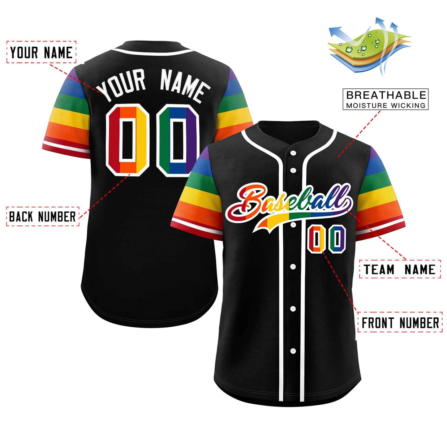 Custom Black LGBT Rainbow For Pride Month Raglan Sleeves Authentic Baseball Jersey