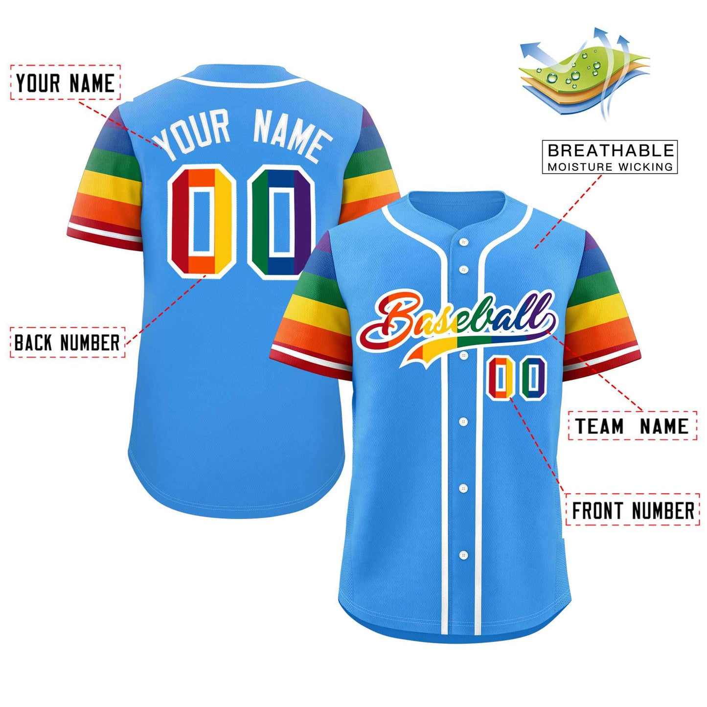 Custom Powder Blue LGBT Rainbow For Pride Month Raglan Sleeves Authentic Baseball Jersey