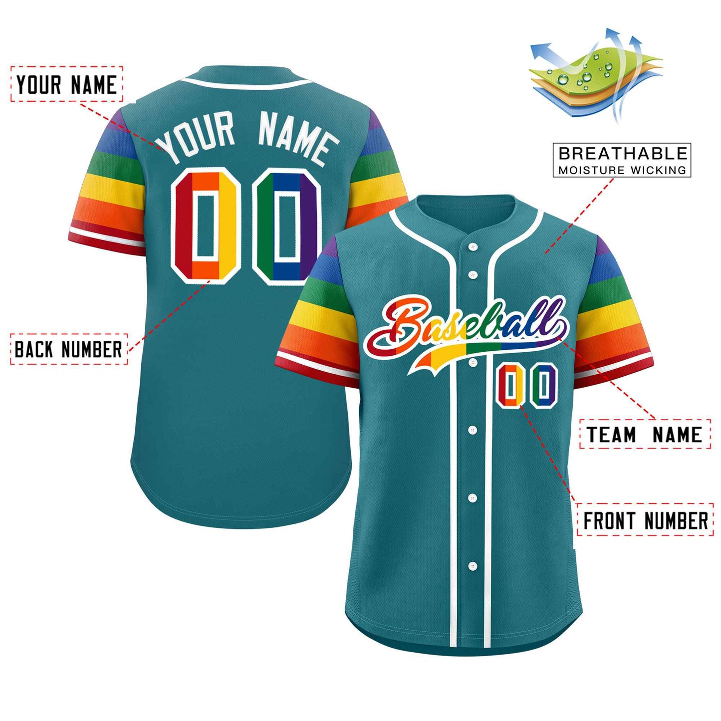 Custom Aqua LGBT Rainbow For Pride Month Raglan Sleeves Authentic Baseball Jersey