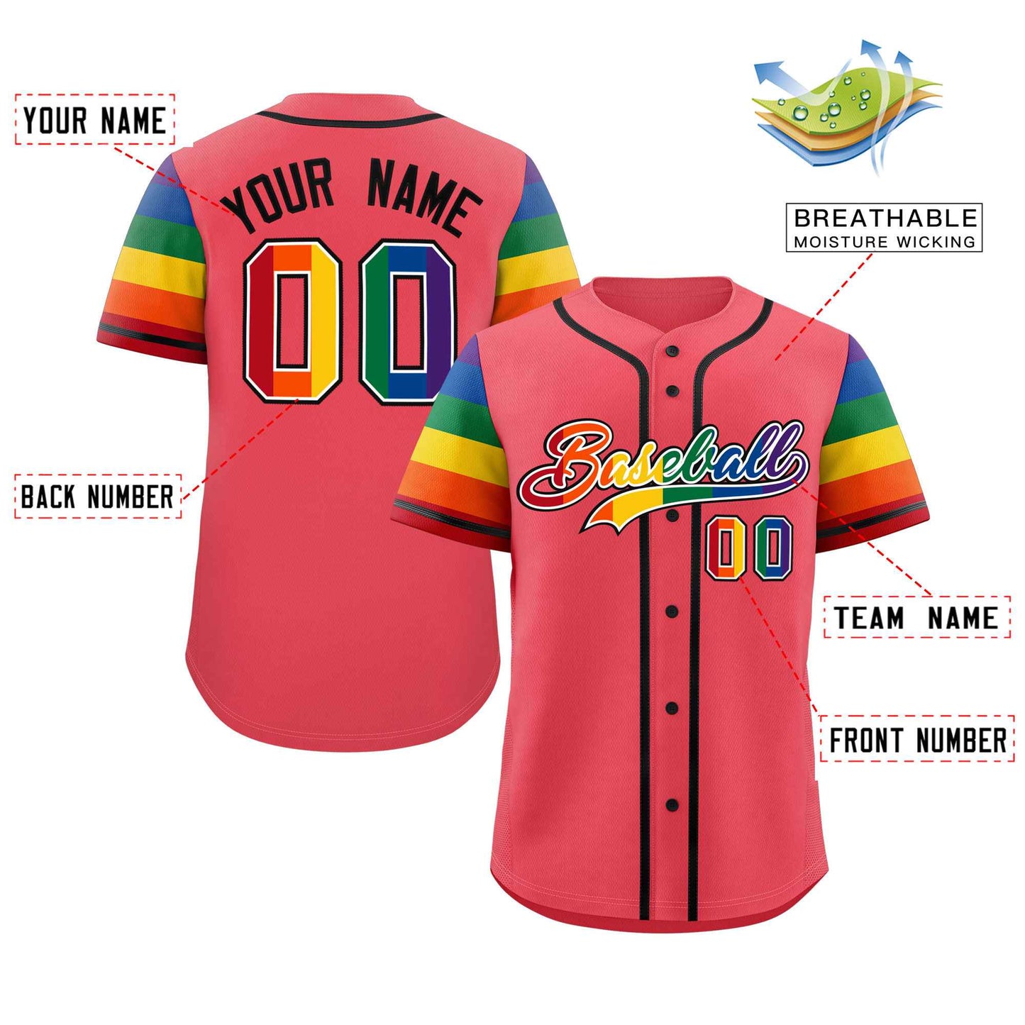 Custom Light Red LGBT Rainbow For Pride Month Raglan Sleeves Authentic Baseball Jersey