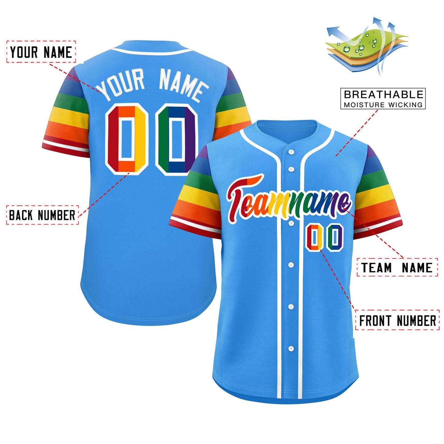 Custom Powder Blue LGBT Rainbow For Pride Month Raglan Sleeves Authentic Baseball Jersey