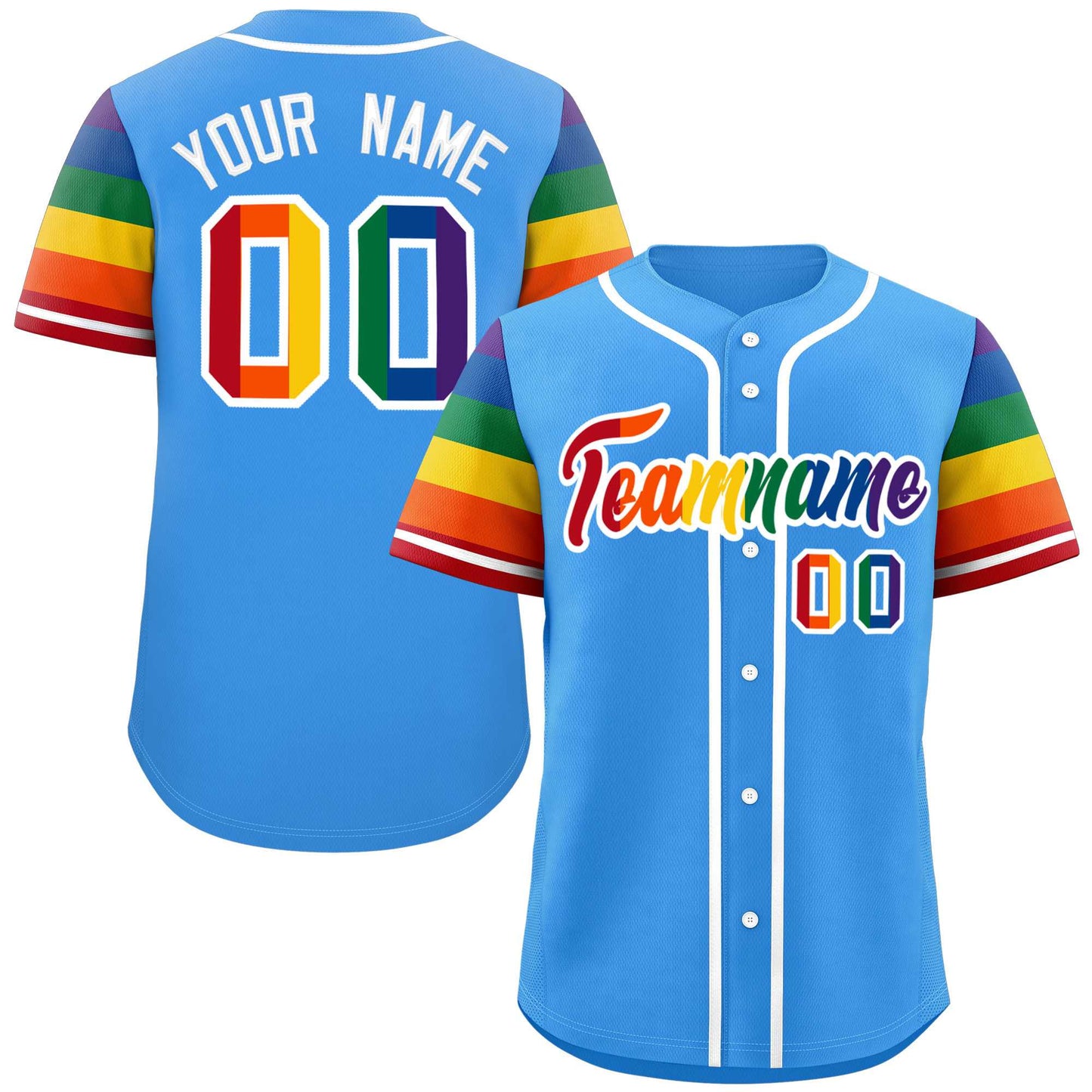 Custom Powder Blue LGBT Rainbow For Pride Month Raglan Sleeves Authentic Baseball Jersey