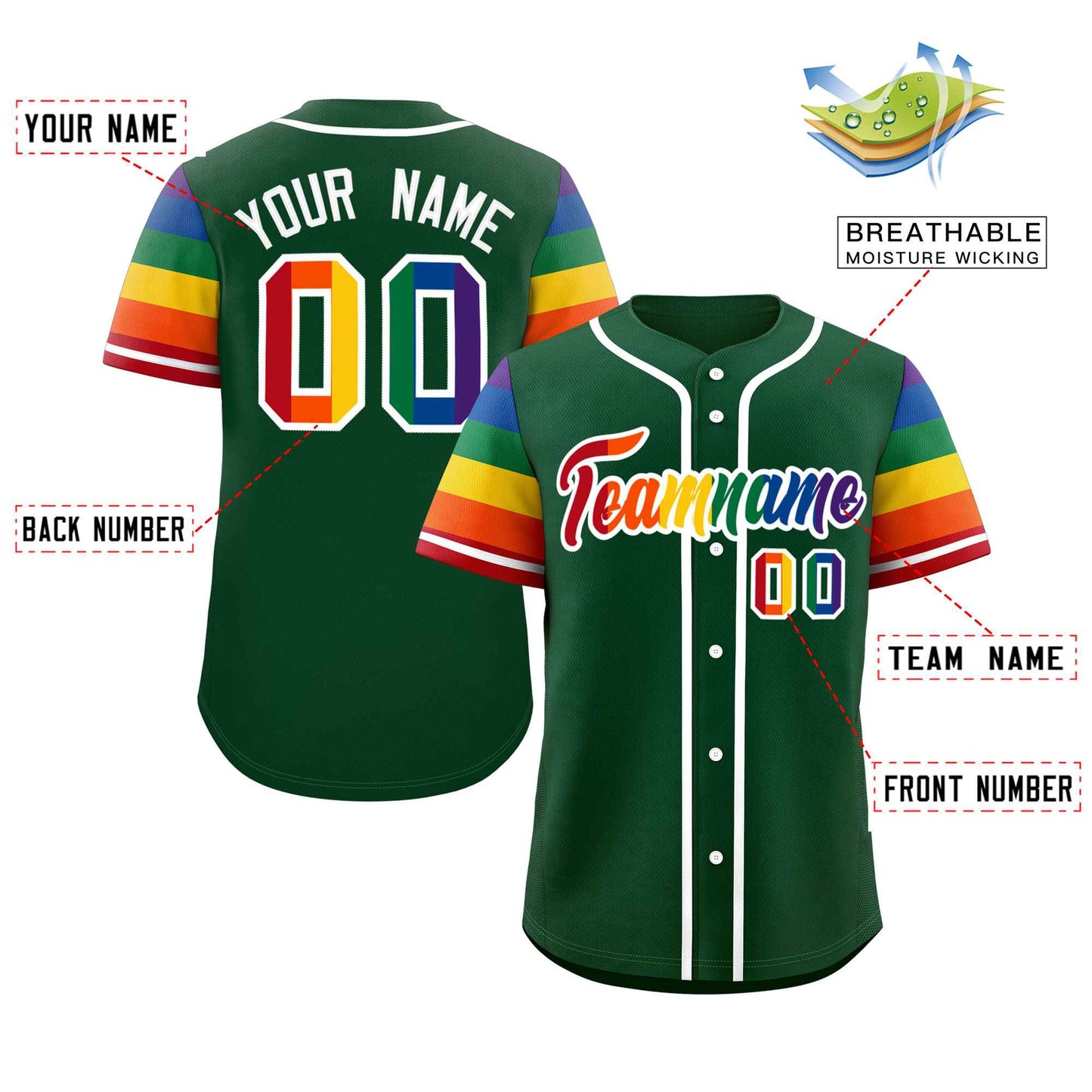 Custom Green LGBT Rainbow For Pride Month Raglan Sleeves Authentic Baseball Jersey