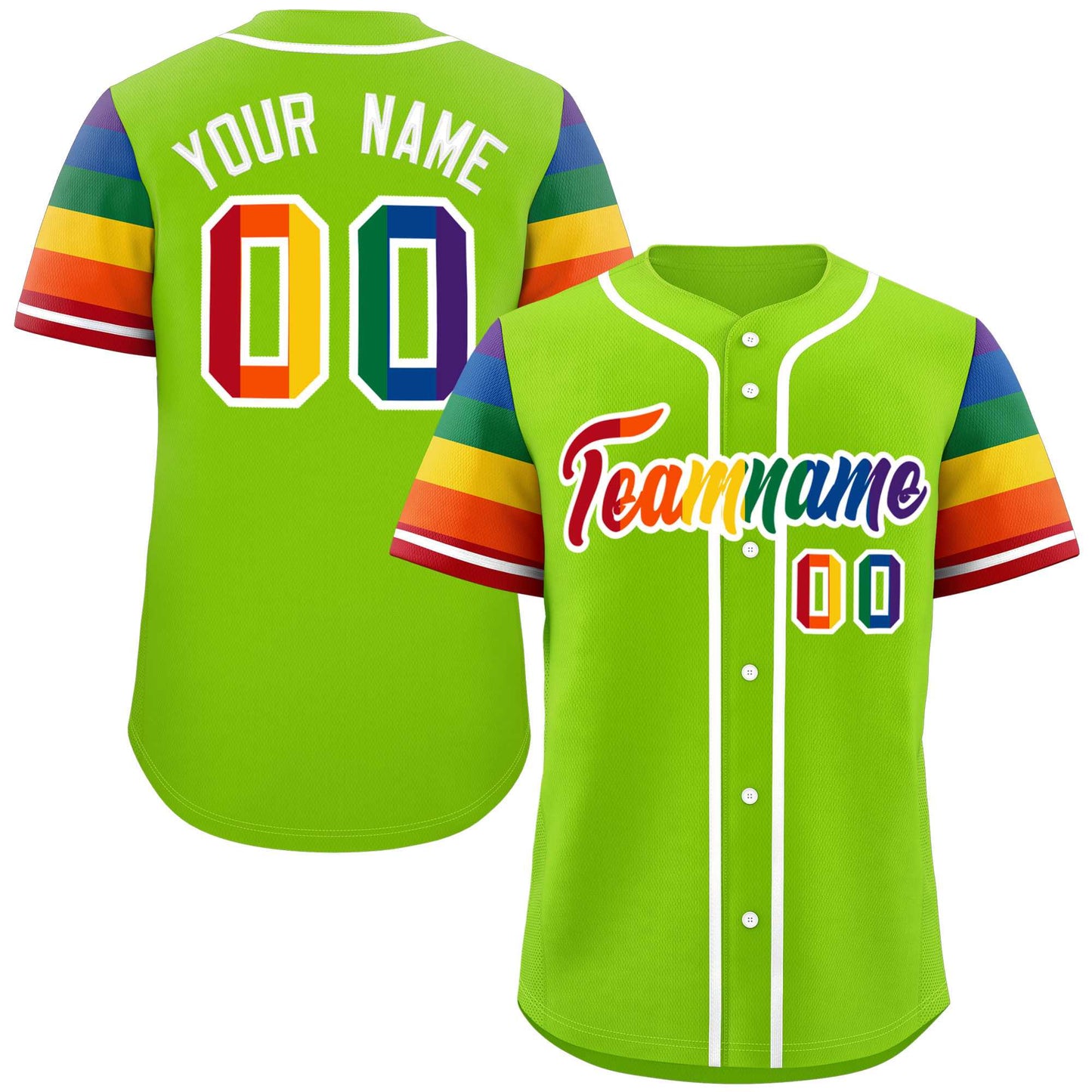 Custom Neon Green LGBT Rainbow For Pride Month Raglan Sleeves Authentic Baseball Jersey