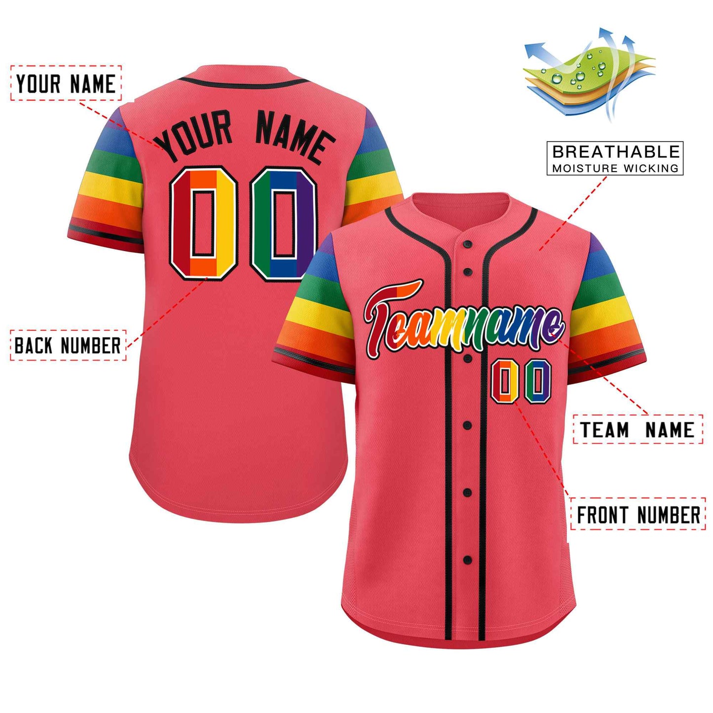 Custom Light Red LGBT Rainbow For Pride Month Raglan Sleeves Authentic Baseball Jersey