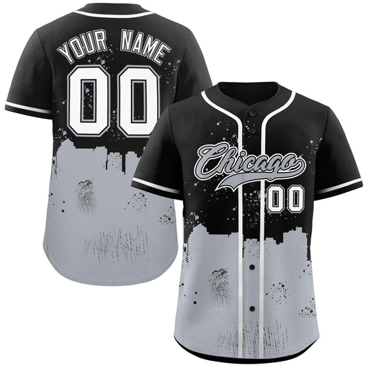 Custom Black Gray Personalized Chicago City Nightscape Authentic Baseball Jersey