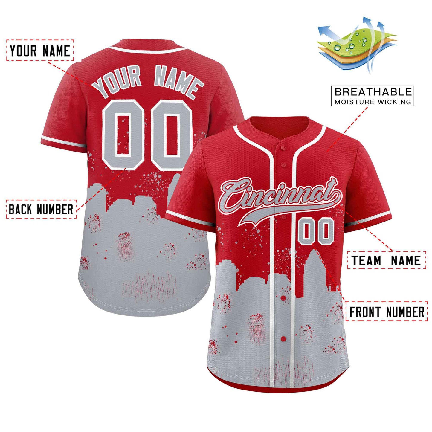 Custom Red Gray Personalized Cincinnati City Nightscape Authentic Baseball Jersey