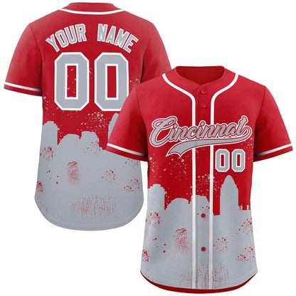 Custom Red Gray Personalized Cincinnati City Nightscape Authentic Baseball Jersey