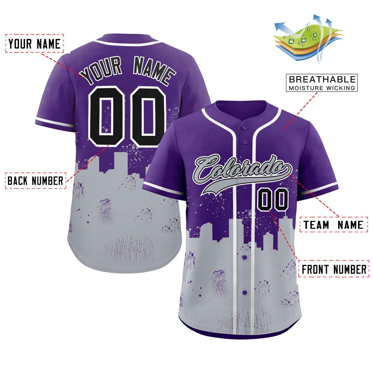 Custom Purple Gray Personalized Colorado City Nightscape Authentic Baseball Jersey