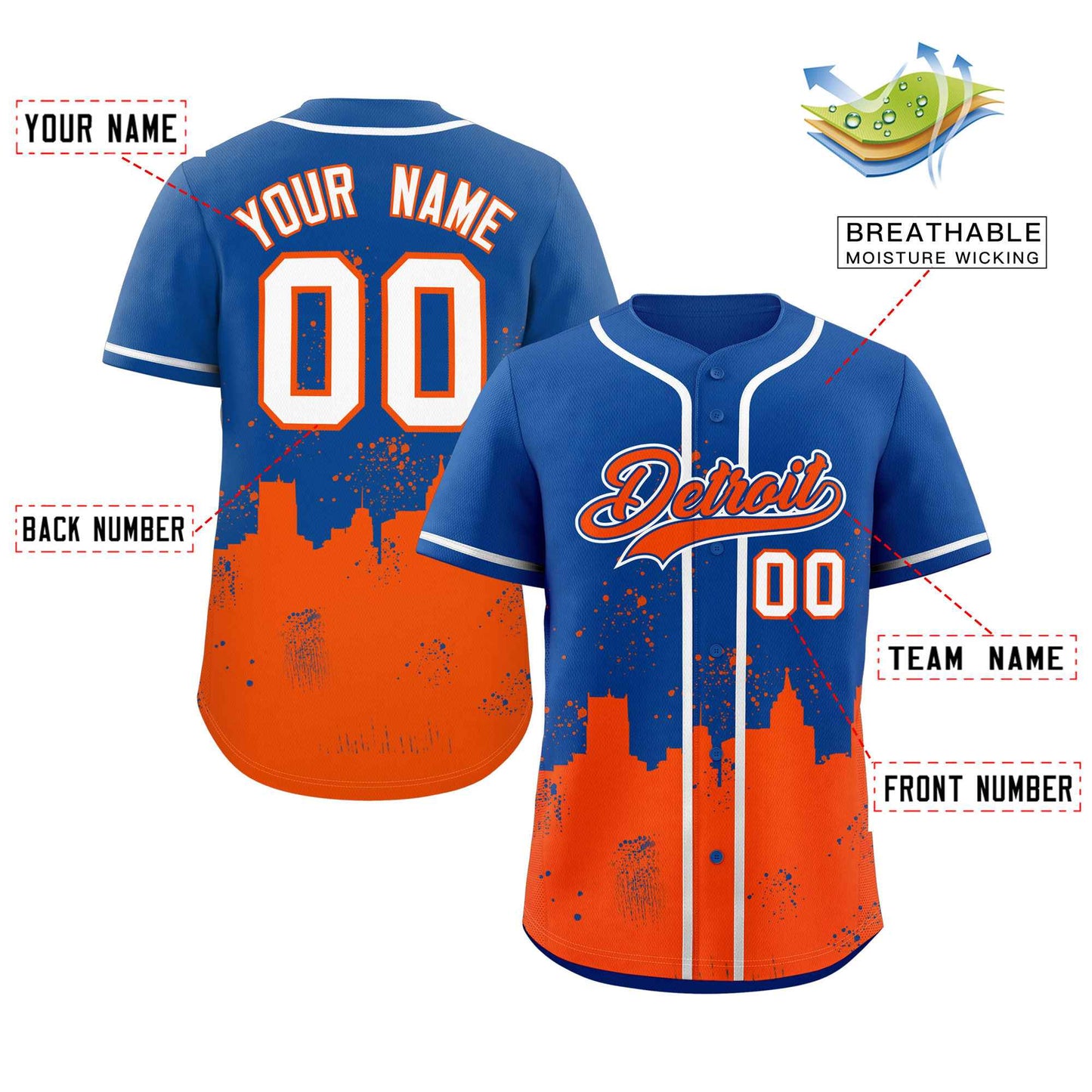 Custom Royal Orange Personalized Detroit City Nightscape Authentic Baseball Jersey