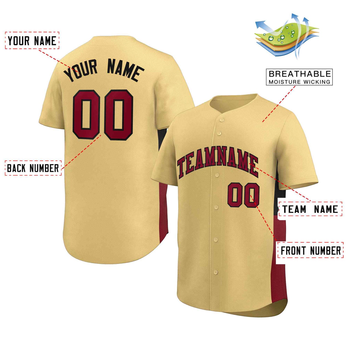 Custom Khaki Crimson-Black Personalized Side Two-Tone Design Authentic Baseball Jersey