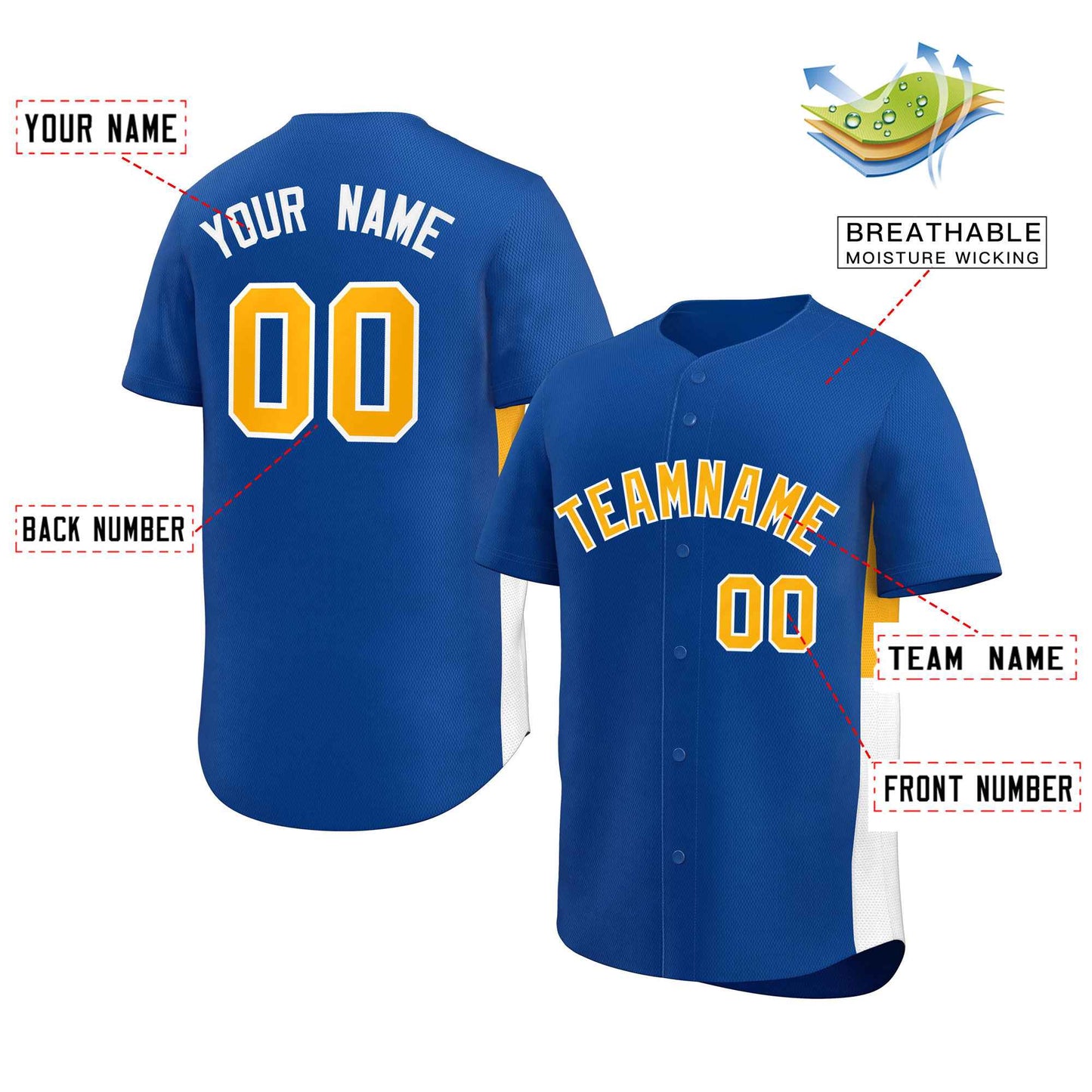 Custom Royal Yellow-White Personalized Side Two-Tone Design Authentic Baseball Jersey