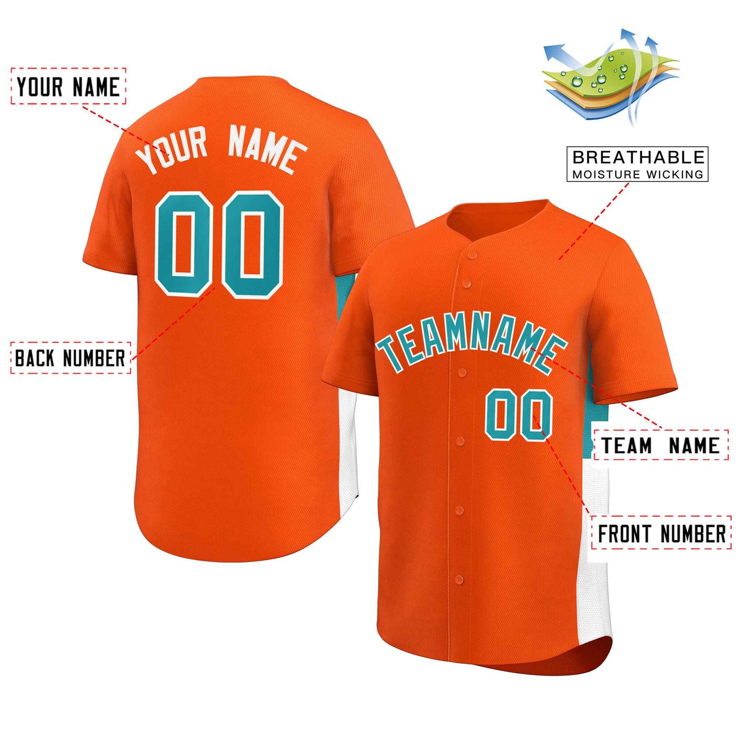 Custom Orange Aqua-White Personalized Side Two-Tone Design Authentic Baseball Jersey