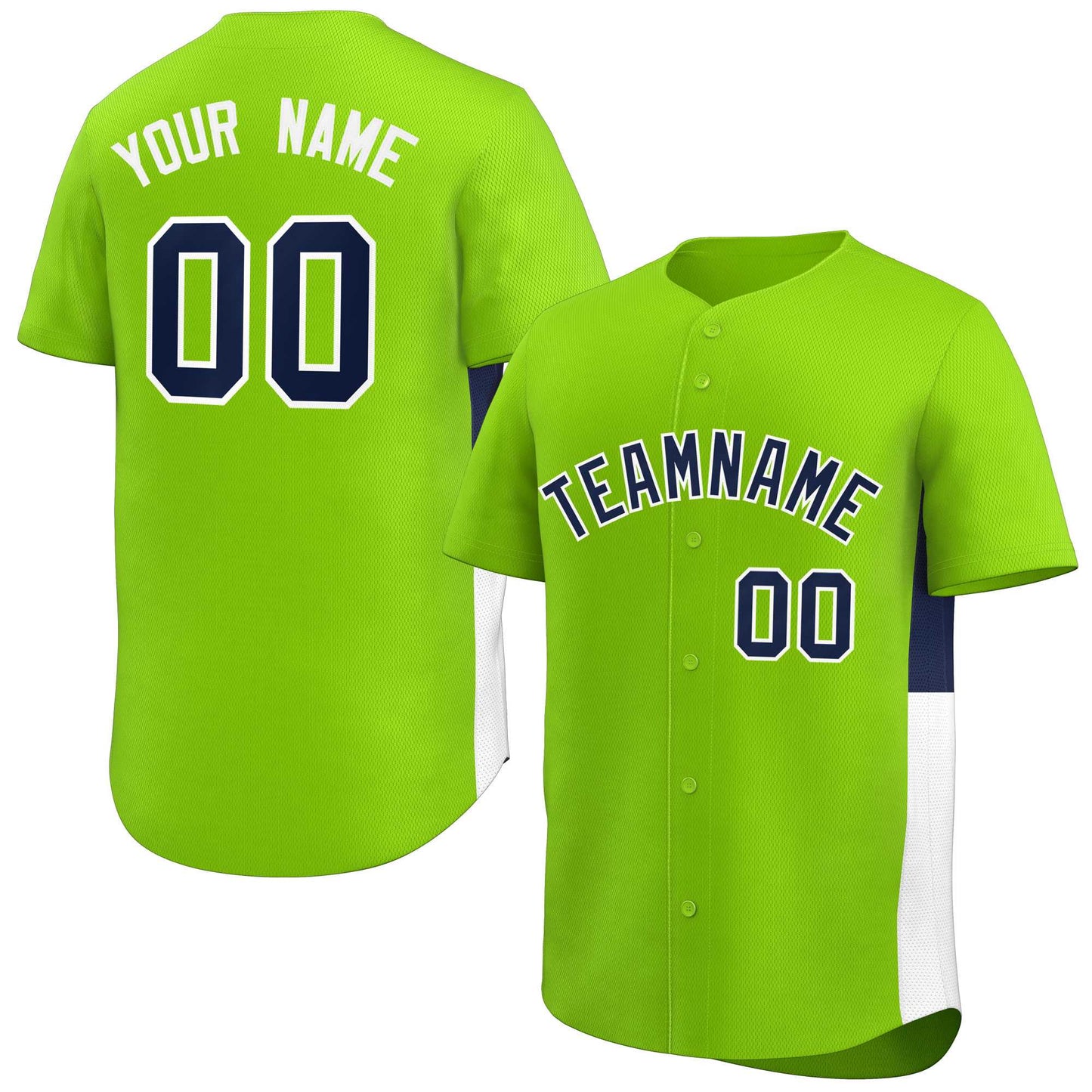 Custom Neon Green Navy-White Personalized Side Two-Tone Design Authentic Baseball Jersey