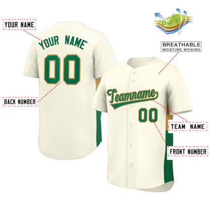 Custom Cream Kelly Green-Old Gold Personalized Side Two-Tone Design Authentic Baseball Jersey