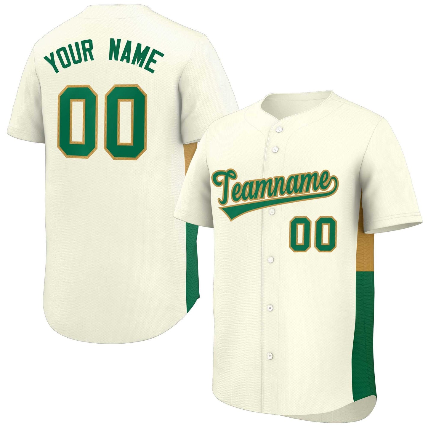 Custom Cream Kelly Green-Old Gold Personalized Side Two-Tone Design Authentic Baseball Jersey