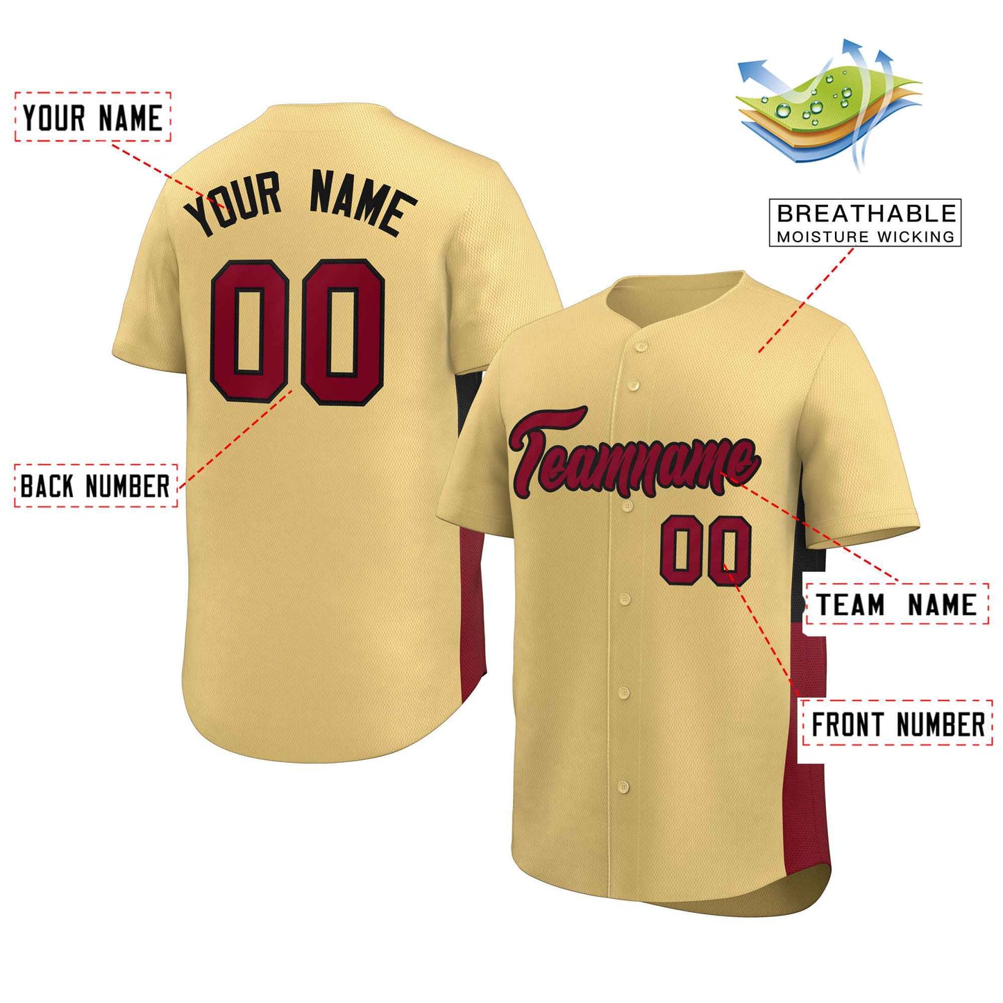 Custom Khaki Crimson-Black Personalized Side Two-Tone Design Authentic Baseball Jersey