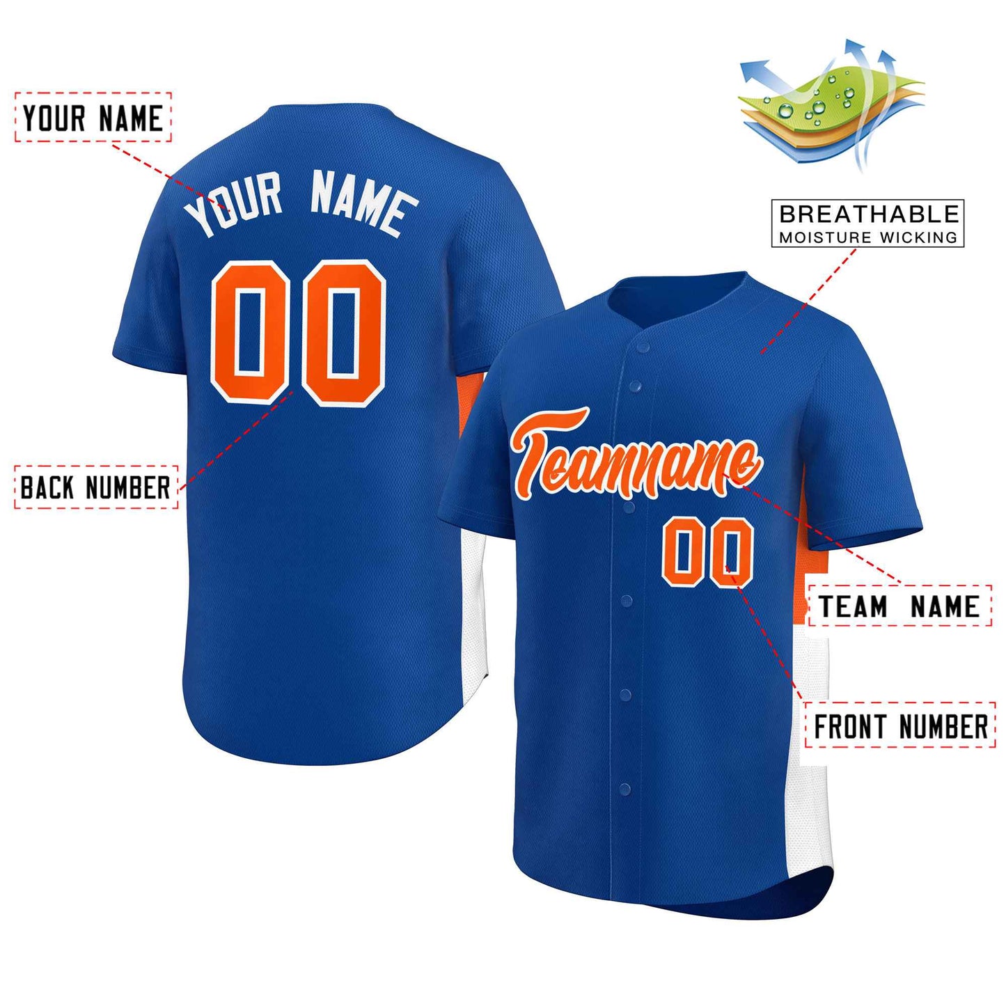 Custom Royal Orange-White Personalized Side Two-Tone Design Authentic Baseball Jersey