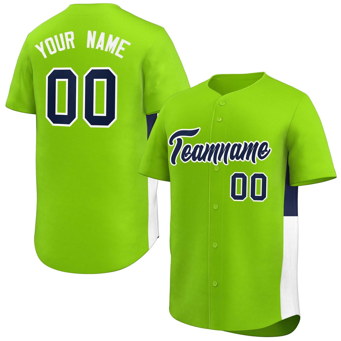 Custom Neon Green Navy-White Personalized Side Two-Tone Design Authentic Baseball Jersey