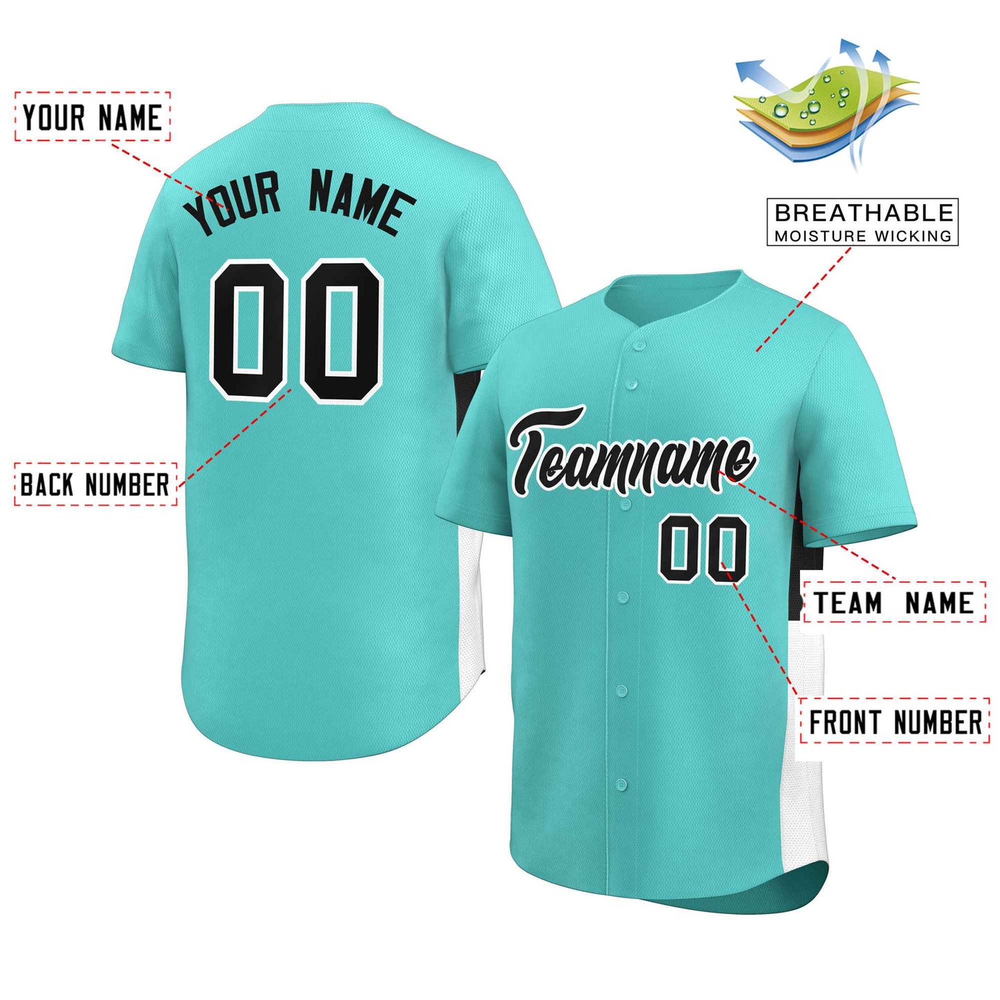 Custom Aqua Black-White Personalized Side Two-Tone Design Authentic Baseball Jersey