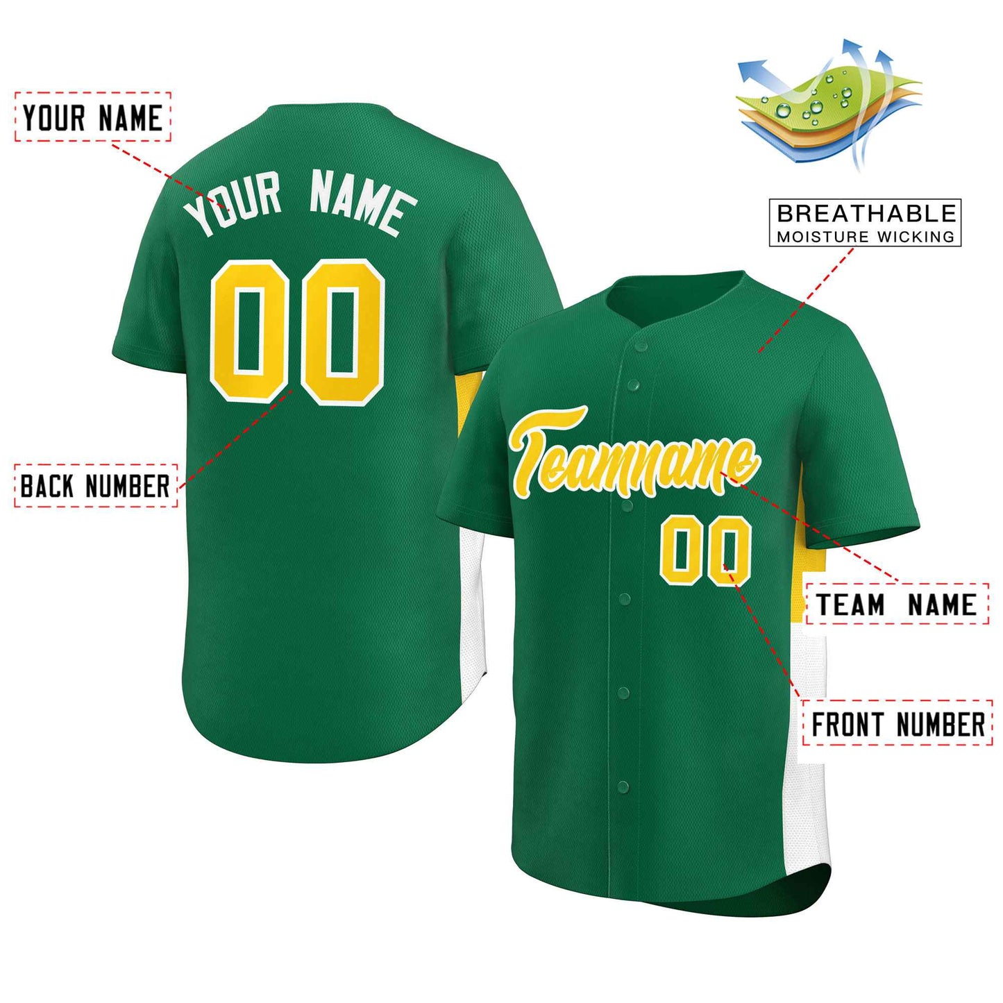 Custom Kelly Green Yellow-White Personalized Side Two-Tone Design Authentic Baseball Jersey