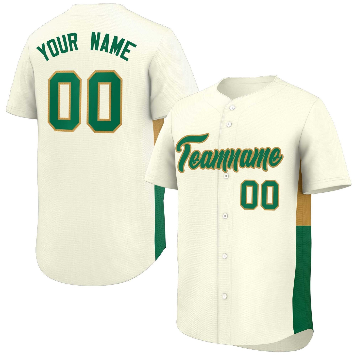 Custom Cream Kelly Green-Old Gold Personalized Side Two-Tone Design Authentic Baseball Jersey