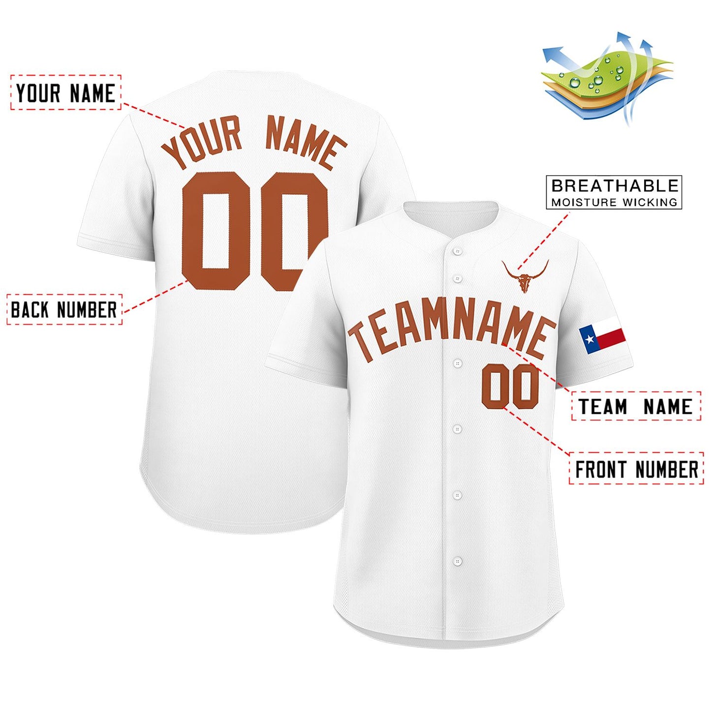 Custom White Orange Texas Flag Classic Style Authentic Baseball Jersey