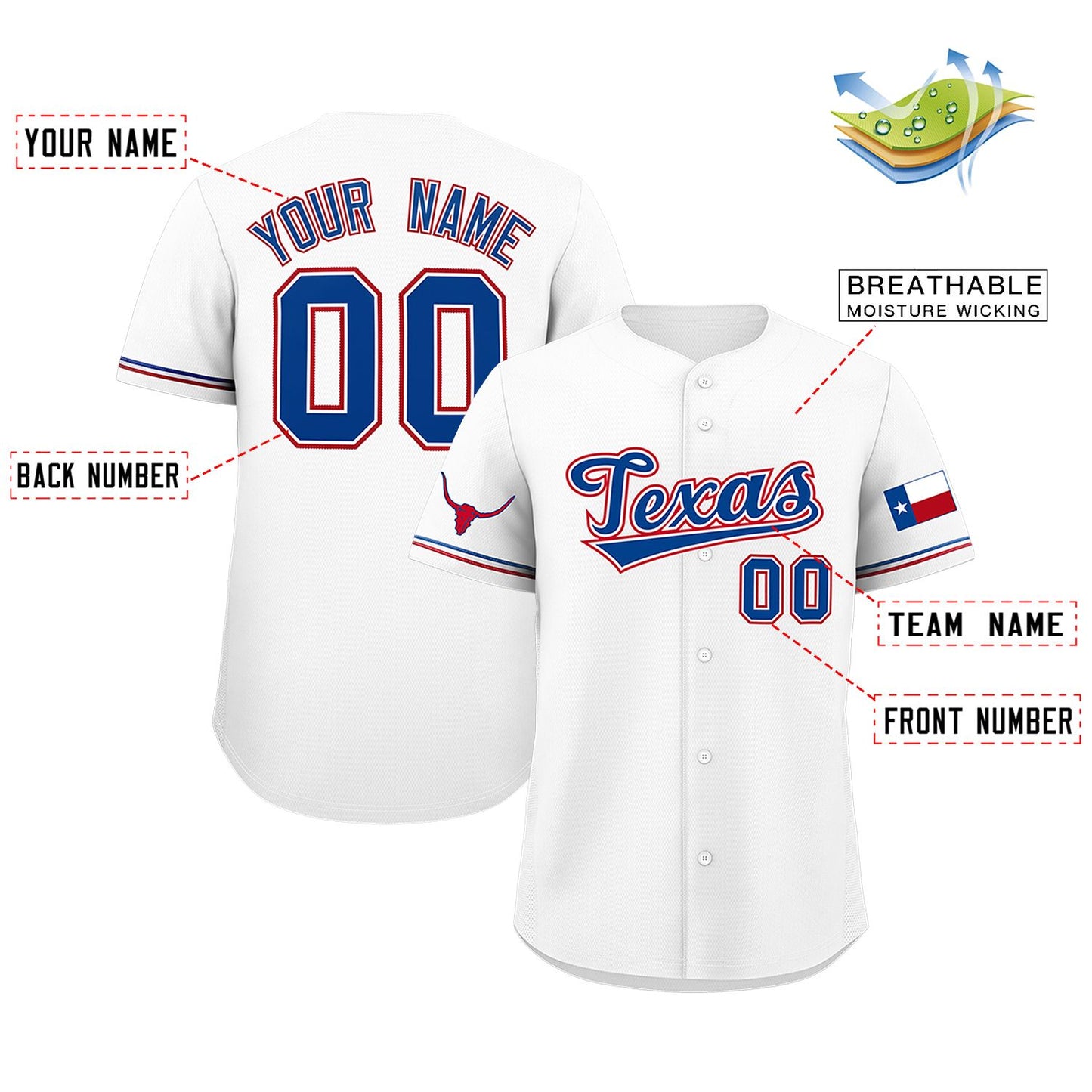 Custom White Royal Texas Flag Classic Style Authentic Baseball Jersey