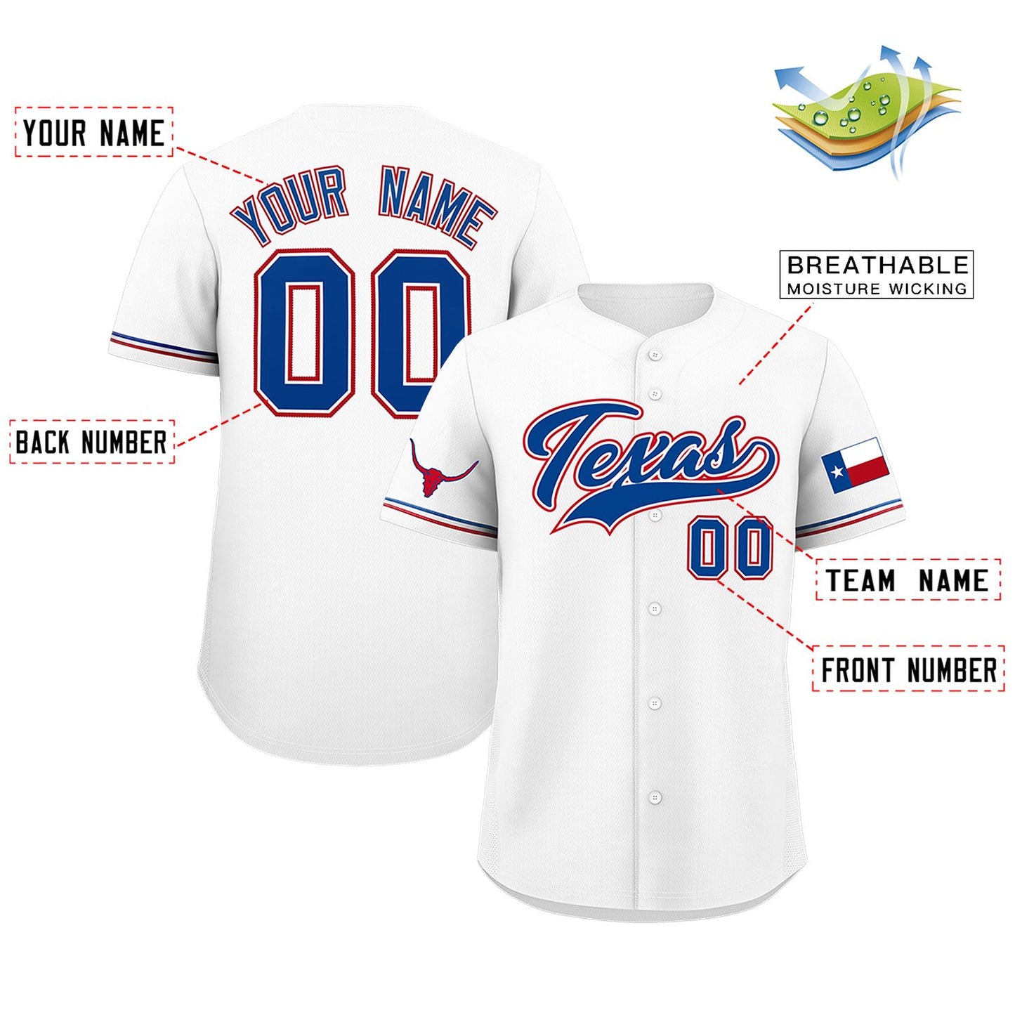 Custom White Royal Texas Flag Classic Style Authentic Baseball Jersey