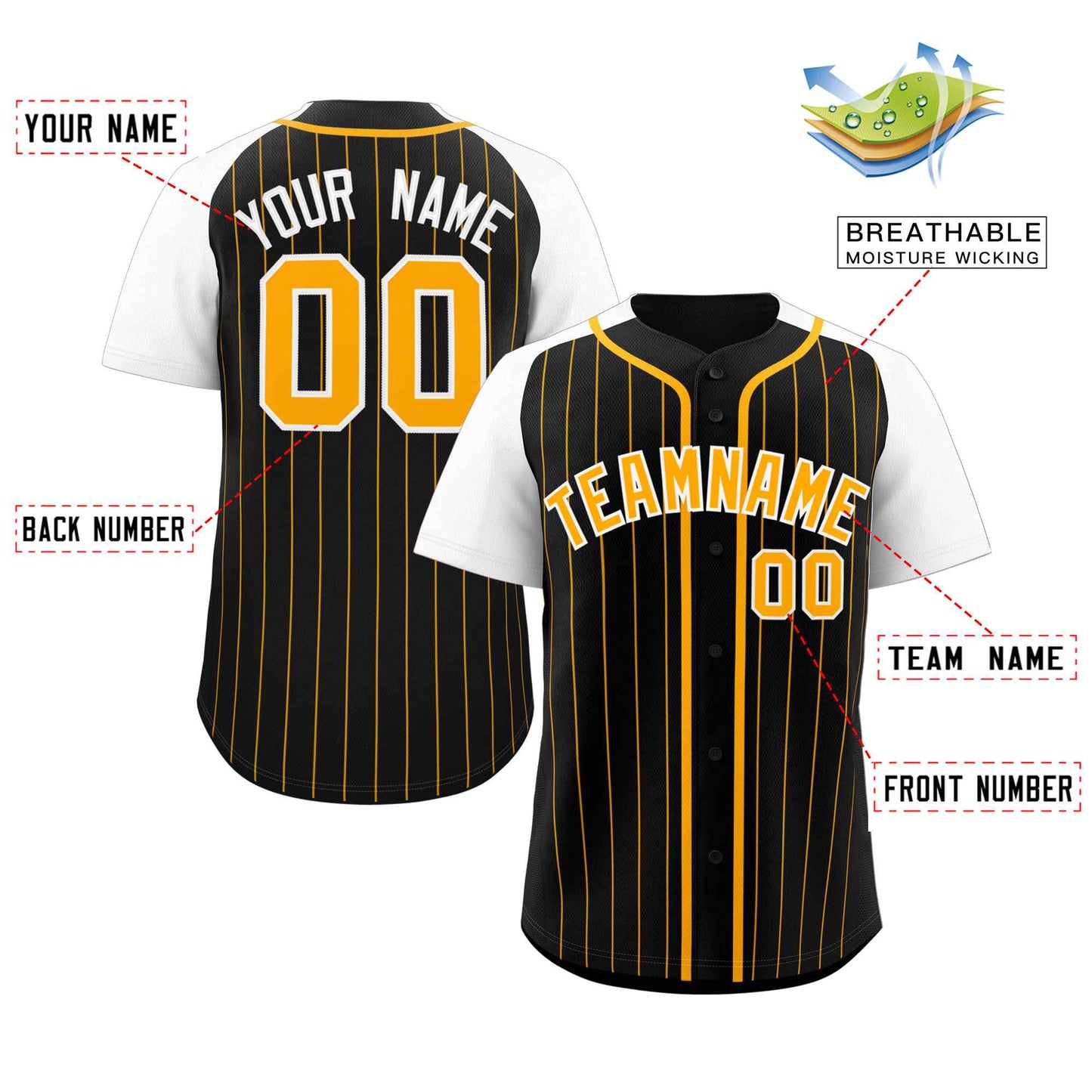 Custom Black Yellow-White Stripe Fashion Raglan Sleeves Authentic Baseball Jersey