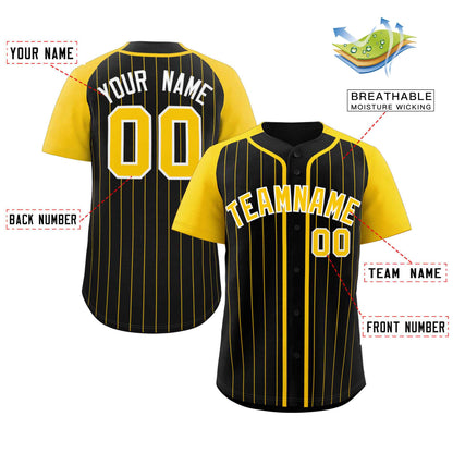 Custom Black Gold-White Stripe Fashion Raglan Sleeves Authentic Baseball Jersey