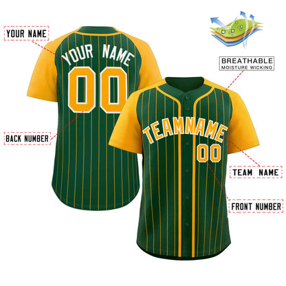 Custom Green Yellow-White Stripe Fashion Raglan Sleeves Authentic Baseball Jersey