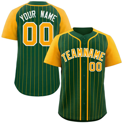 Custom Green Yellow-White Stripe Fashion Raglan Sleeves Authentic Baseball Jersey