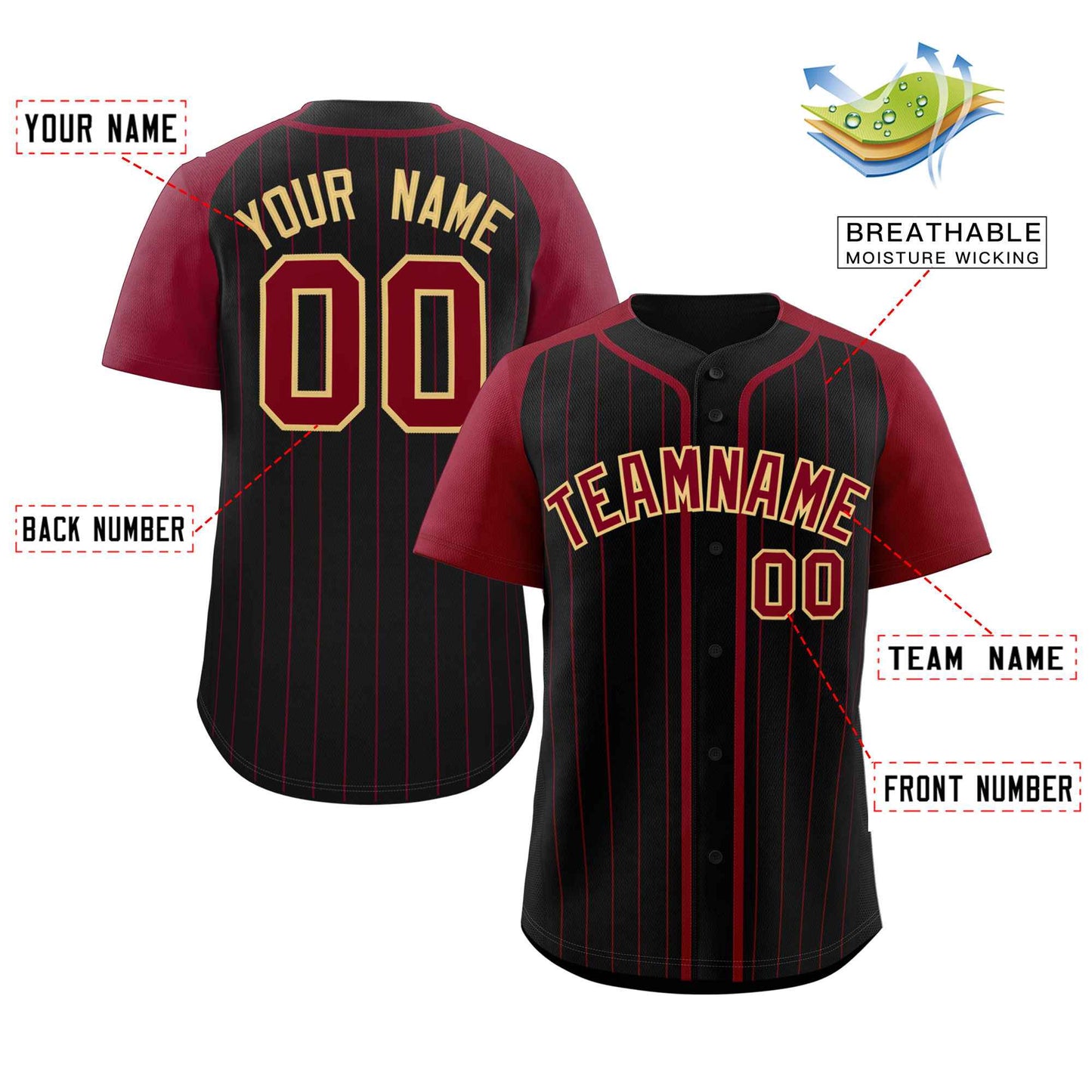 Custom Black Crimson-Khaki Stripe Fashion Raglan Sleeves Authentic Baseball Jersey