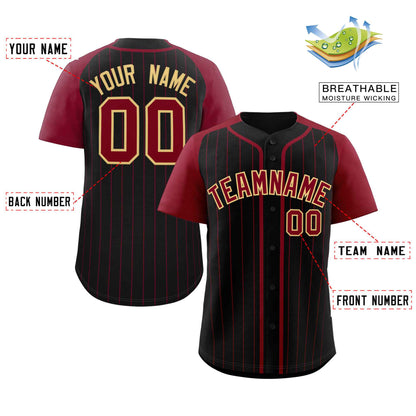 Custom Black Crimson-Khaki Stripe Fashion Raglan Sleeves Authentic Baseball Jersey