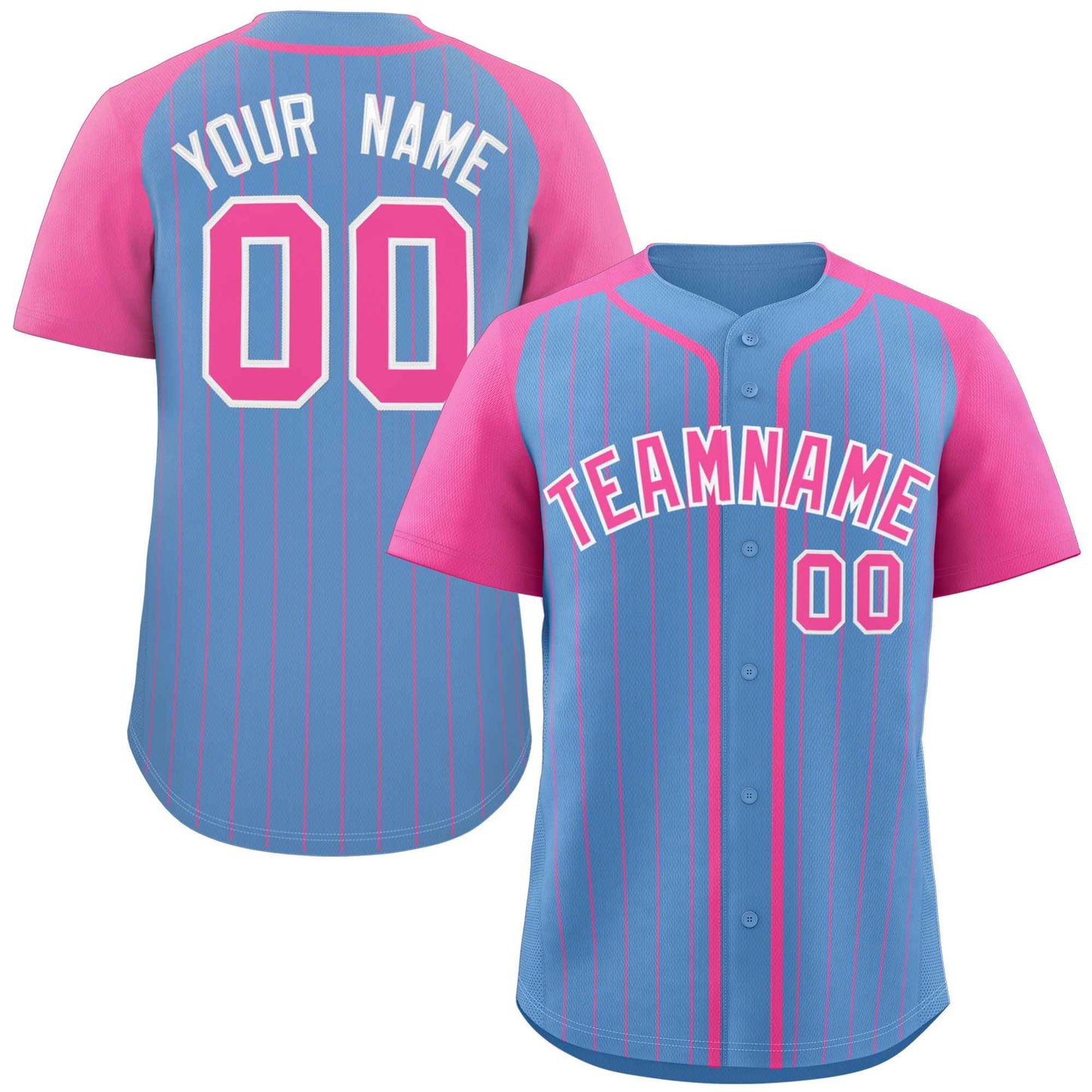 Custom Light Blue Pink-White Stripe Fashion Raglan Sleeves Authentic Baseball Jersey