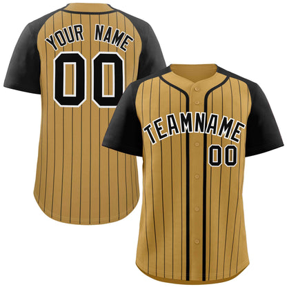 Custom Old Gold Black-White Stripe Fashion Raglan Sleeves Authentic Baseball Jersey