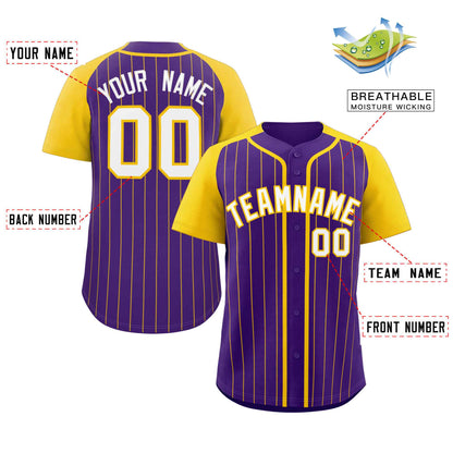 Custom Purple White-Gold Stripe Fashion Raglan Sleeves Authentic Baseball Jersey