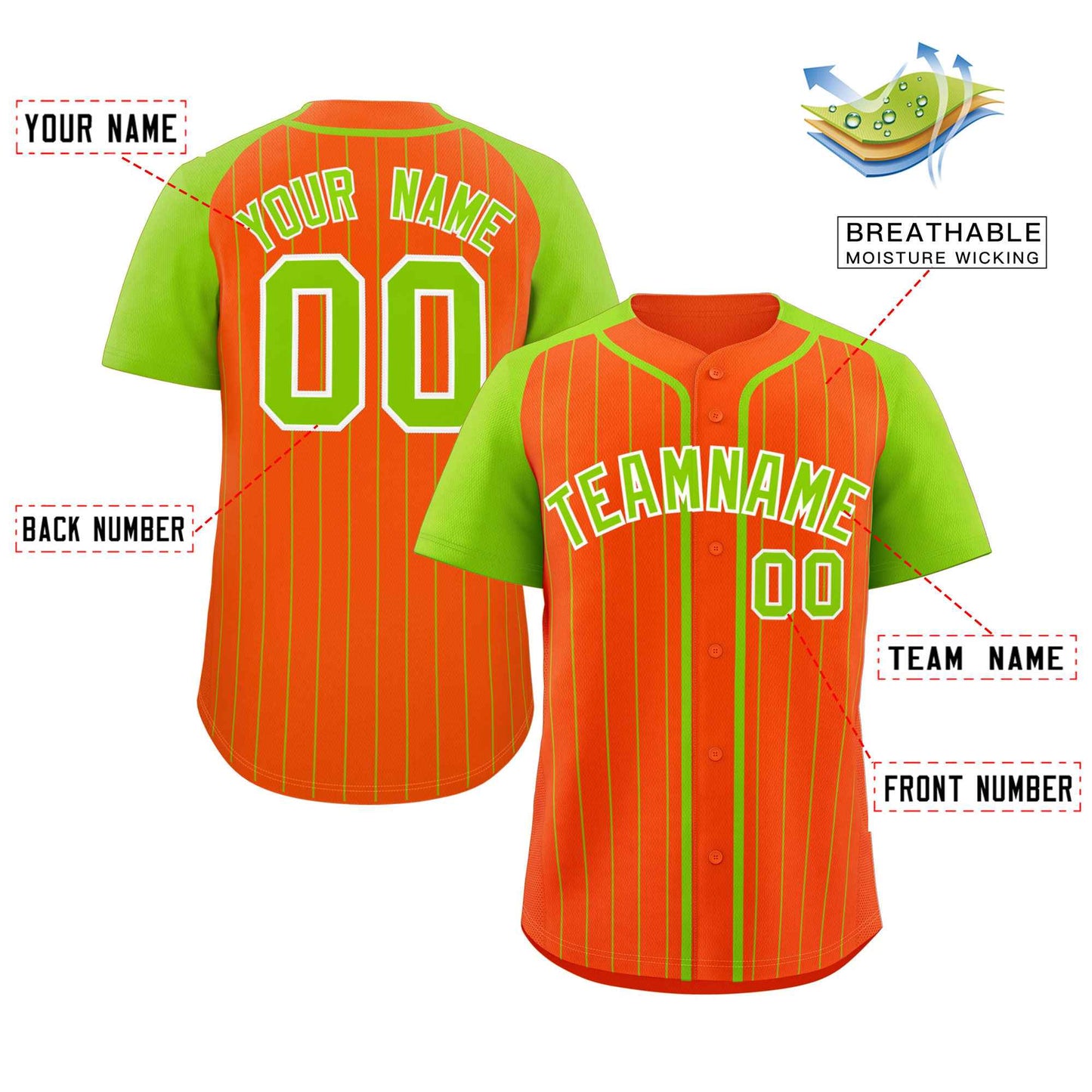 Custom Orange Neon Green-White Stripe Fashion Raglan Sleeves Authentic Baseball Jersey