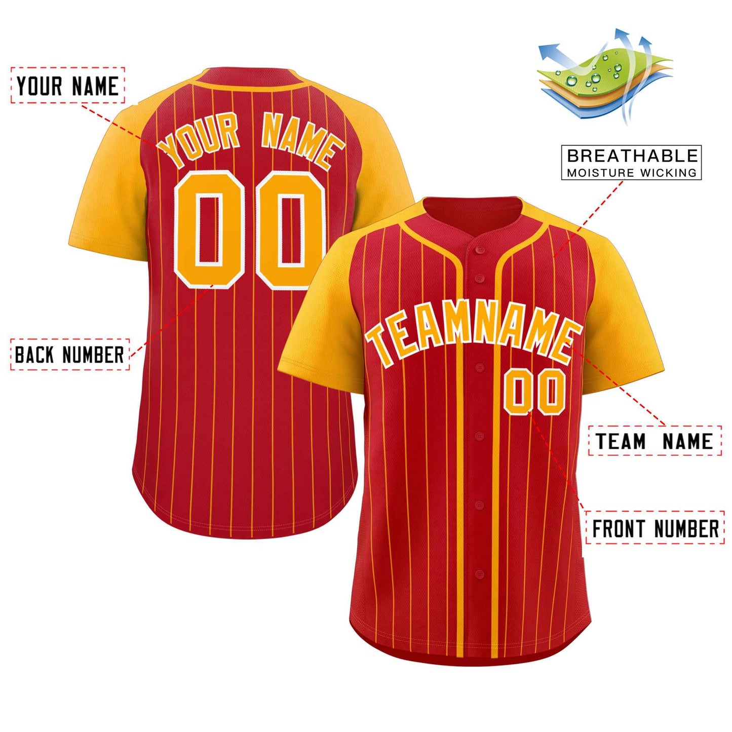 Custom Red Yellow-White Stripe Fashion Raglan Sleeves Authentic Baseball Jersey