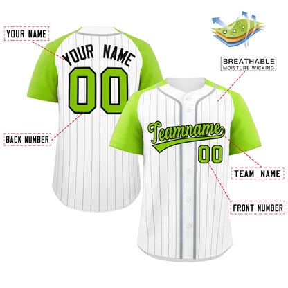 Custom White Neon Green-Black Stripe Fashion Raglan Sleeves Authentic Baseball Jersey