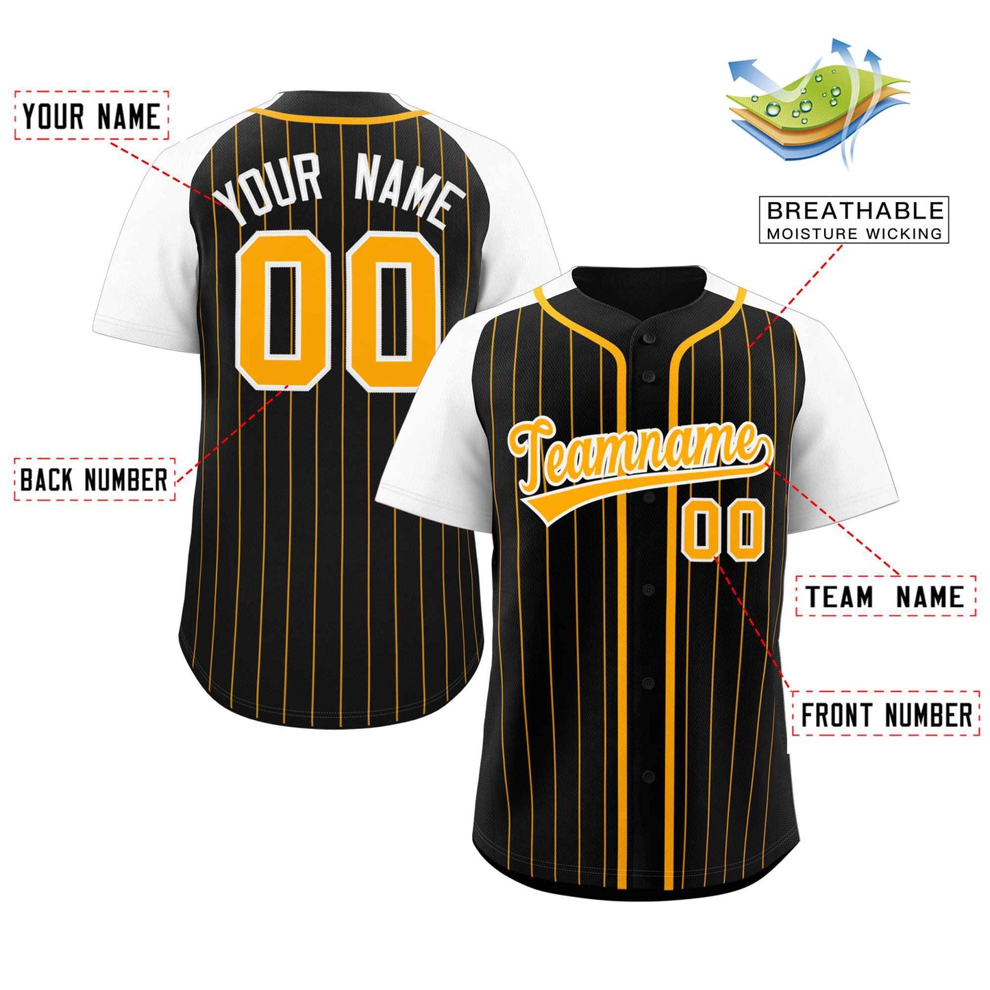 Custom Black Yellow-White Stripe Fashion Raglan Sleeves Authentic Baseball Jersey