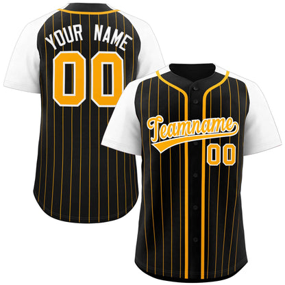 Custom Black Yellow-White Stripe Fashion Raglan Sleeves Authentic Baseball Jersey