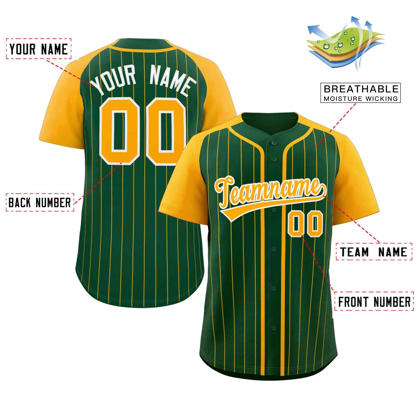 Custom Green Yellow-White Stripe Fashion Raglan Sleeves Authentic Baseball Jersey