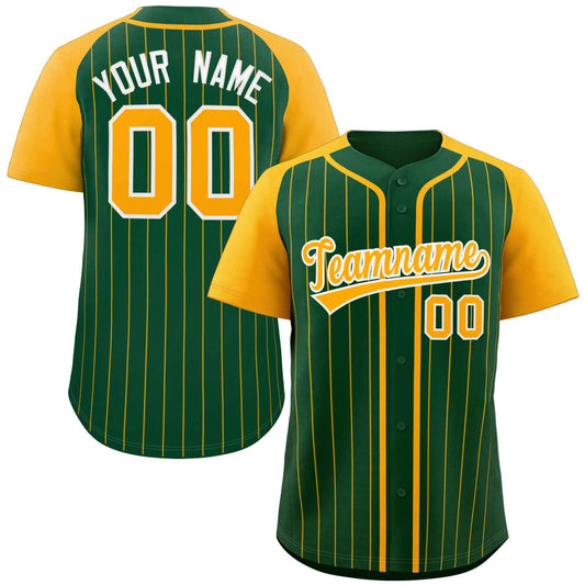 Custom Green Yellow-White Stripe Fashion Raglan Sleeves Authentic Baseball Jersey