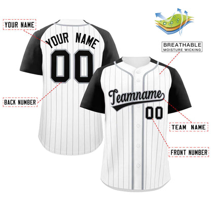 Custom White Black-Gray Stripe Fashion Raglan Sleeves Authentic Baseball Jersey