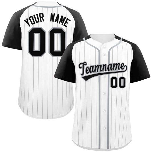 Custom White Black-Gray Stripe Fashion Raglan Sleeves Authentic Baseball Jersey