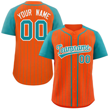 Custom Orange Aqua-White Stripe Fashion Raglan Sleeves Authentic Baseball Jersey