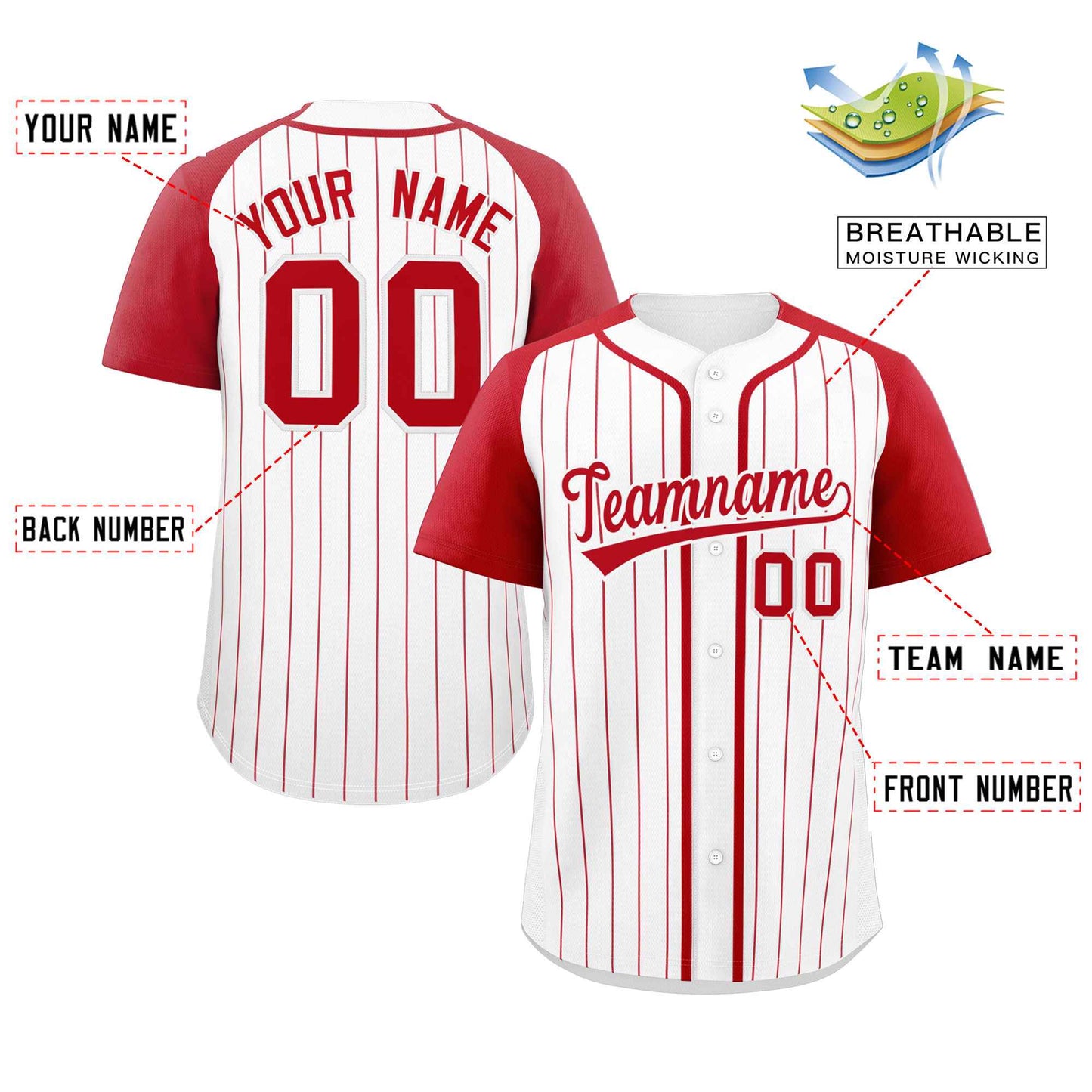 Custom White Red Stripe Fashion Raglan Sleeves Authentic Baseball Jersey