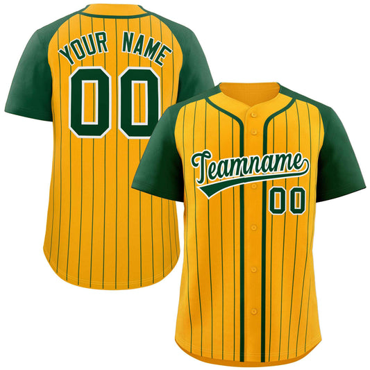 Custom Yellow Green-White Stripe Fashion Raglan Sleeves Authentic Baseball Jersey